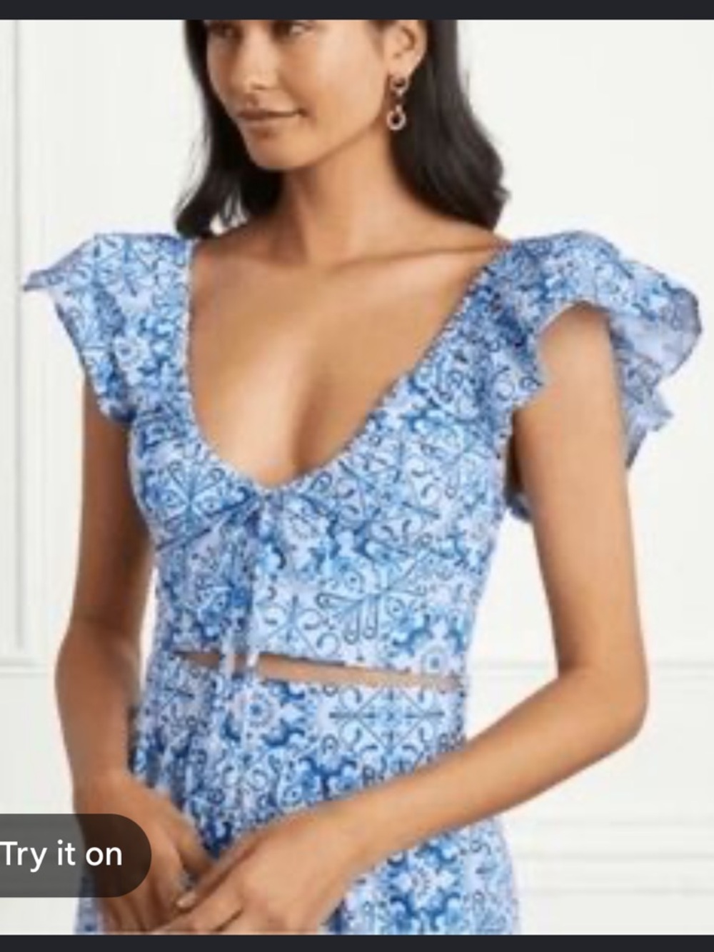 Hill House Home Alexa Top Size Small Blue Mosaic 100% Cotton Poplin Ruffle Sleev
